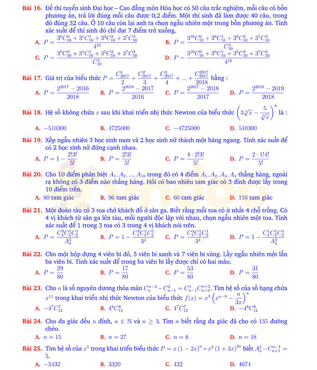 Câu hỏi trắc nghiệm tổ hợp - xác suất có đáp án