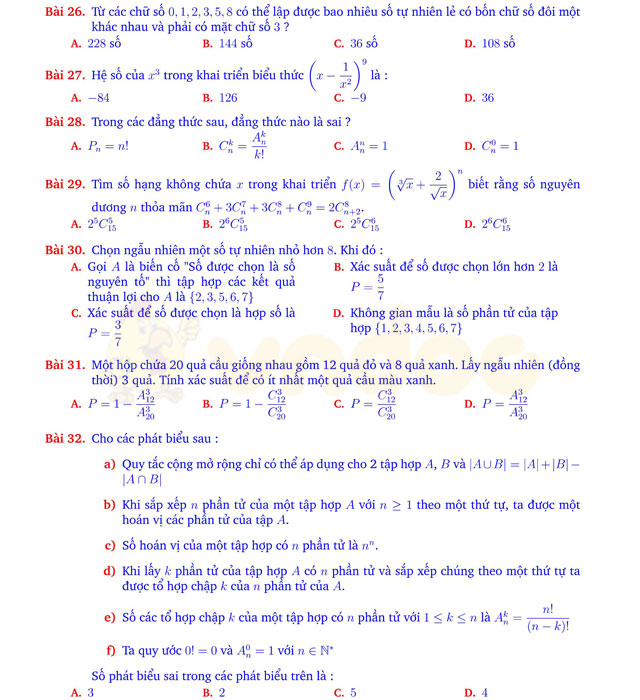 Câu hỏi trắc nghiệm tổ hợp - xác suất có đáp án