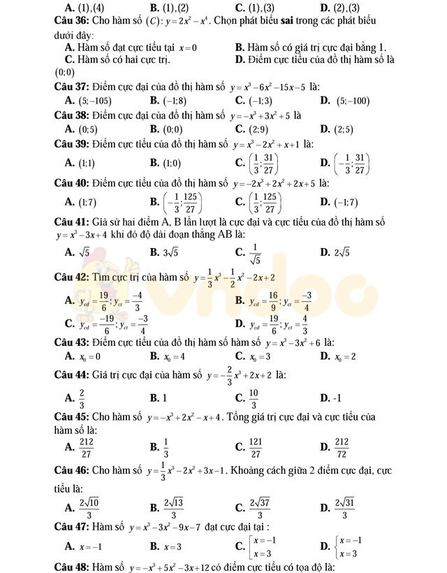 Câu hỏi trắc nghiệm cực trị hàm số có đáp án