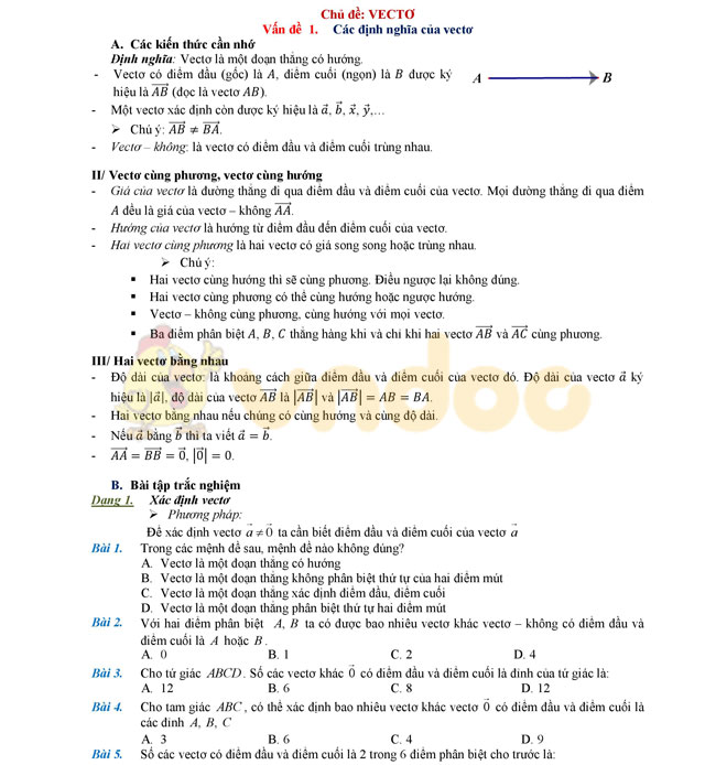 Lý thuyết và bài tập trắc nghiệm chuyên đề vectơ 