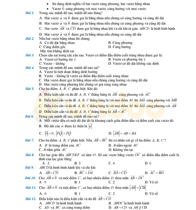 Lý thuyết và bài tập trắc nghiệm chuyên đề vectơ 