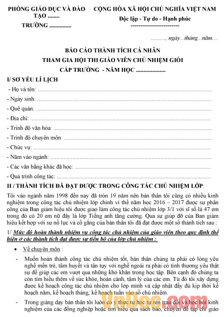 Mẫu báo cáo thành tích cá nhân giáo viên chủ nhiệm giỏi