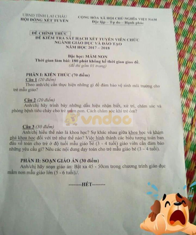 Đề kiểm tra sát hạch xét tuyển viên chức ngành Giáo dục và Đào tạo năm học 2017 - 2018 tỉnh Lai Châu (Bậc mầm non)