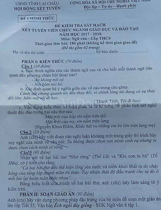 Đề kiểm tra sát hạch xét tuyển viên chức ngành Giáo dục và Đào tạo năm học 2017 - 2018 tỉnh Lai Châu (Môn Ngữ văn - Cấp THCS)
