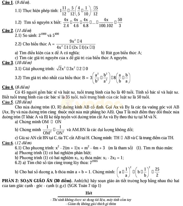 Đề kiểm tra sát hạch xét tuyển viên chức ngành Giáo dục và Đào tạo năm học 2017 - 2018 tỉnh Lai Châu (Môn Toán - Cấp THCS)