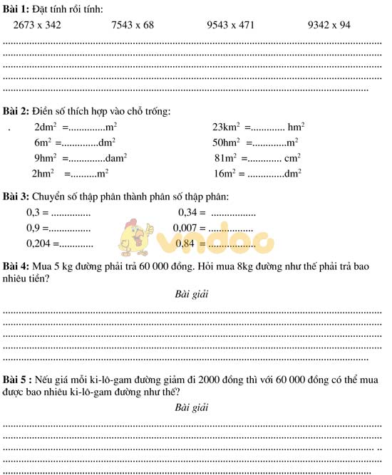 Bài tập cuối tuần cho HSY lớp 5