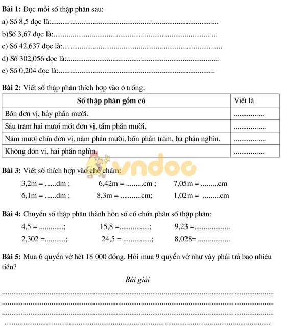 Bài tập cuối tuần cho HSY lớp 5