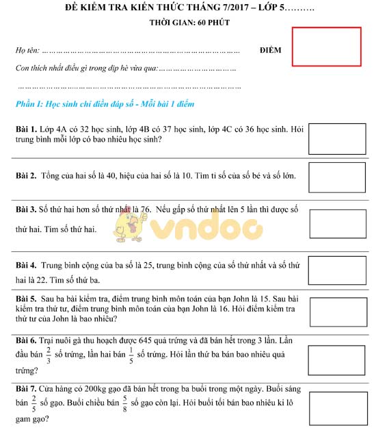 Đề kiểm tra kiến thức ôn luyện hè môn Toán lớp 5