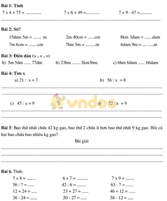 Bài tập cuối tuần cho HSY lớp 3