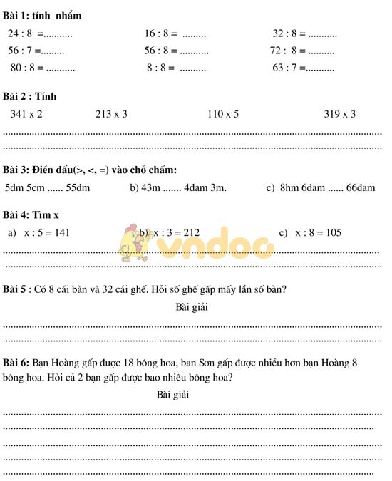 Bài tập cuối tuần cho HSY lớp 3