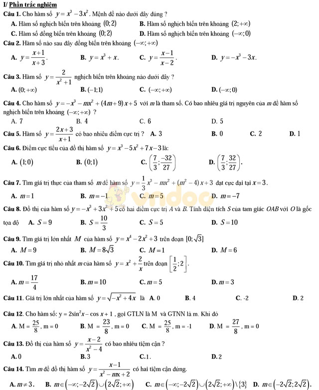 Đề kiểm tra chương 1 môn Giải tích lớp 12 năm học 2017 - 2018