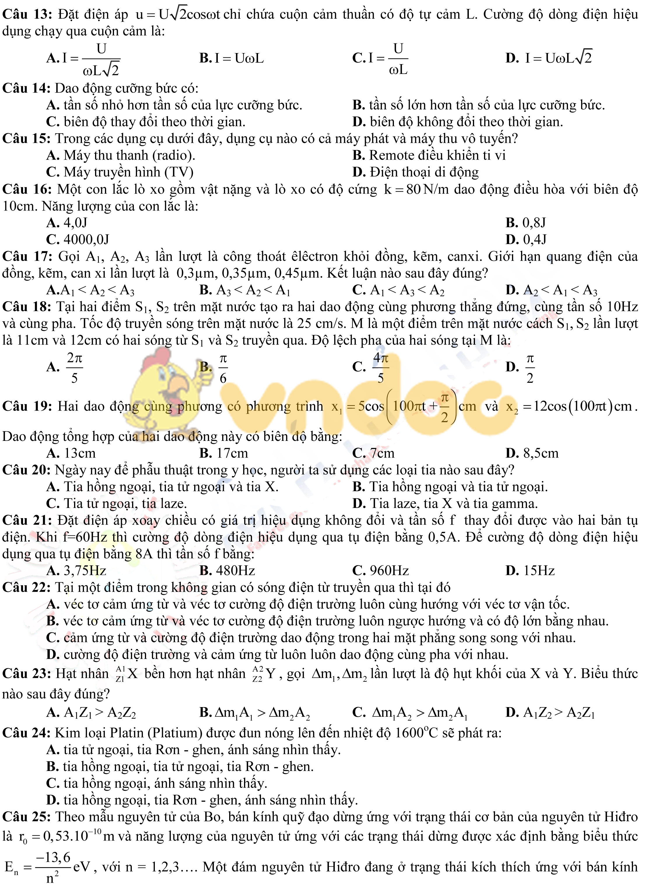 Đề thi khảo sát chất lượng môn Vật lý lớp 12