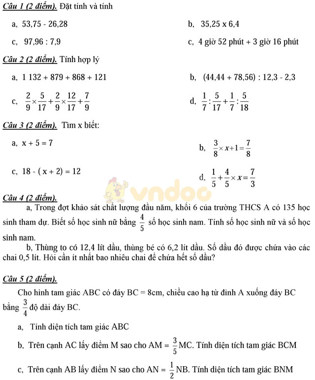 Đề thi khảo sát chất lượng đầu năm môn Toán lớp 6 trường THCS Cẩm Vũ, Hải Dương năm học 2016 - 2017