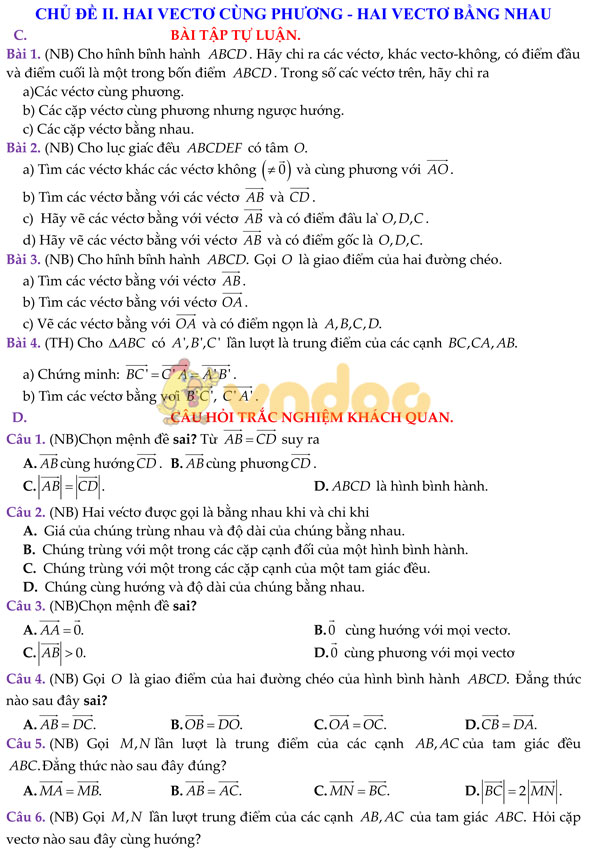 Câu hỏi ôn tập chương I: Hình học lớp 10