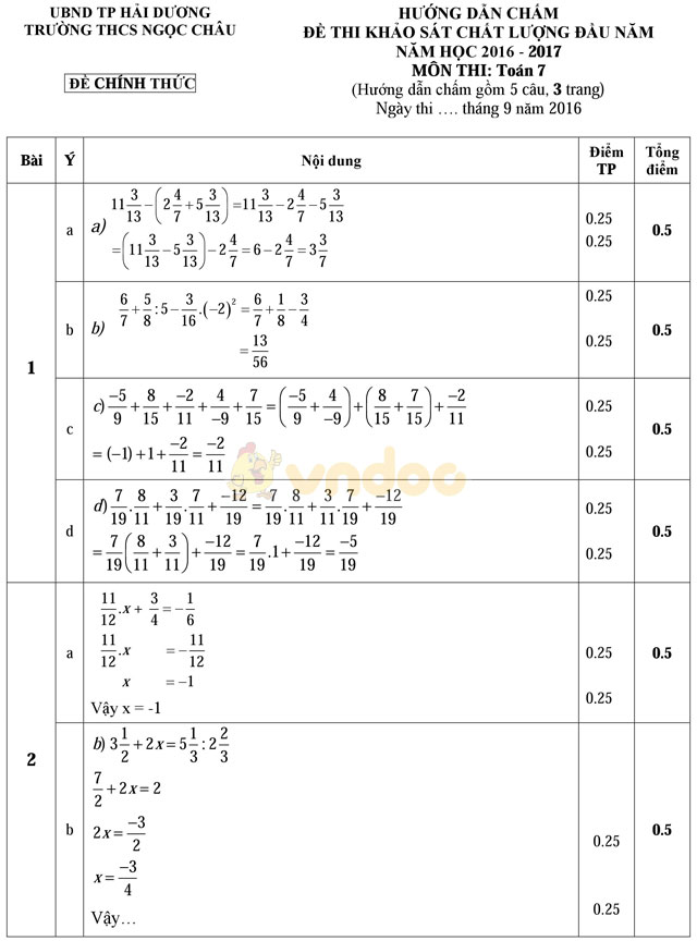Đề thi khảo sát chất lượng đầu năm môn Toán lớp 7 trường THCS Ngọc Châu, Hải Dương năm học 2016 - 2017