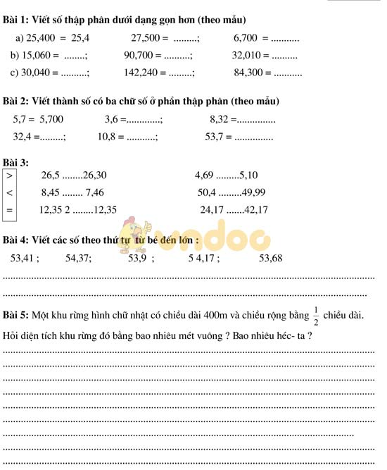 Bài tập cuối tuần cho HSY lớp 5