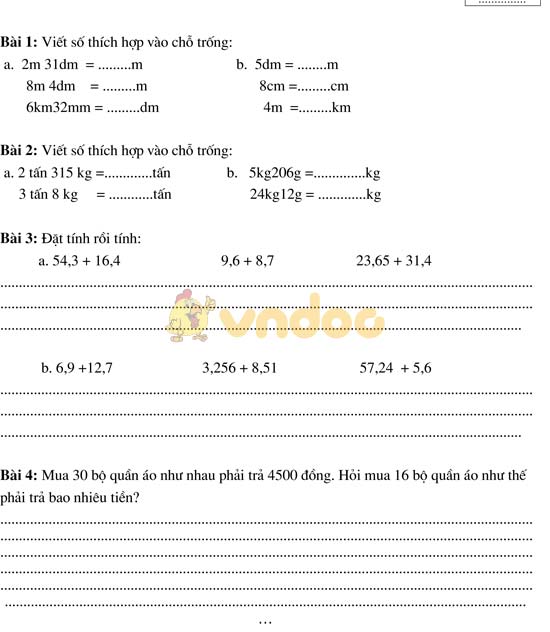 Bài tập cuối tuần cho HSY lớp 5