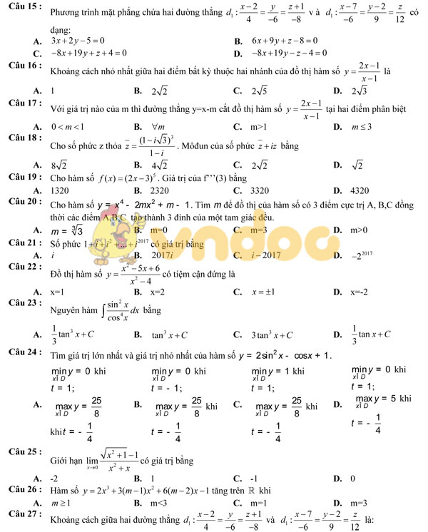 Đề thi thử THPT Quốc Gia môn Toán có đáp án