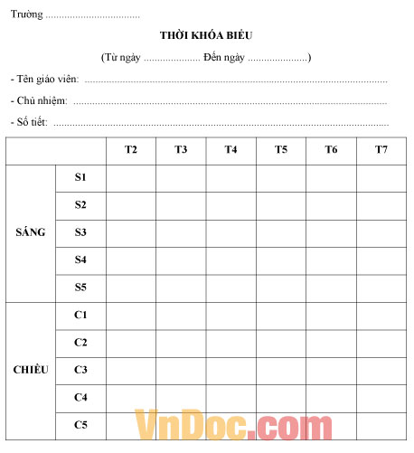 Mẫu thời khóa biểu dành cho giáo viên