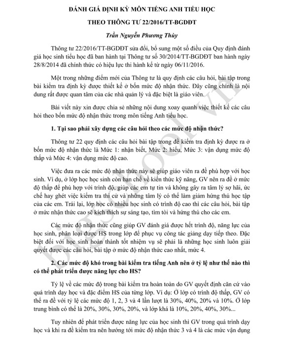 Xây dựng câu hỏi theo 4 cấp độ môn tiếng Anh 