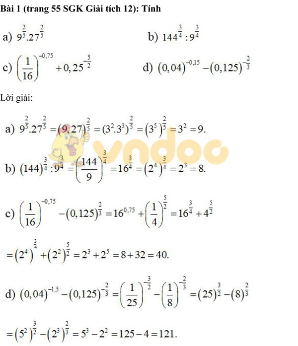 Giải bài tập trang 55, 56 SGK Giải tích lớp 12: Lũy thừa
