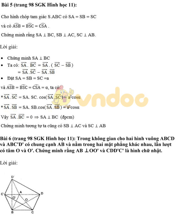 Giải bài tập Toán 11 Hình học chương 3 bài 2