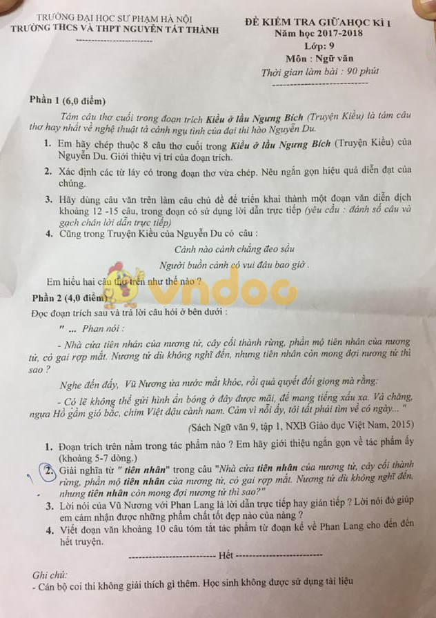 Đề kiểm tra giữa kì I môn Ngữ Văn lớp 9