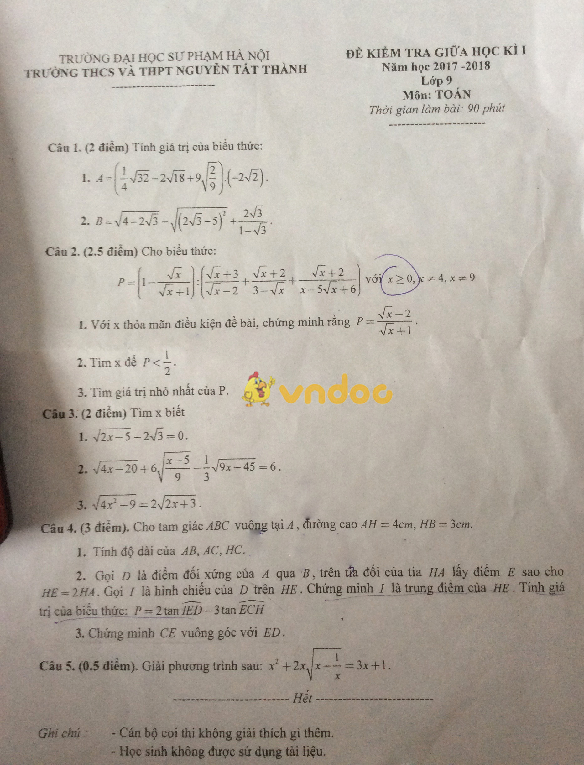 Đề kiểm tra giữa kì I môn Toán lớp 9 trường THCS và THPT Nguyễn Tất Thành