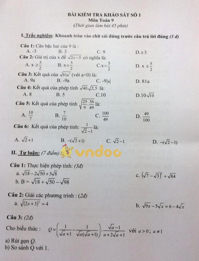 Đề kiểm tra khảo sát số 1 môn Toán lớp 9