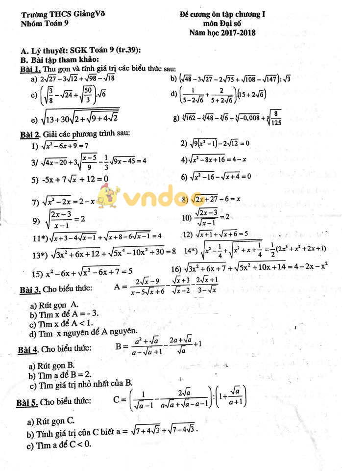 Đề cương ôn tập chương 1 môn Toán lớp 9