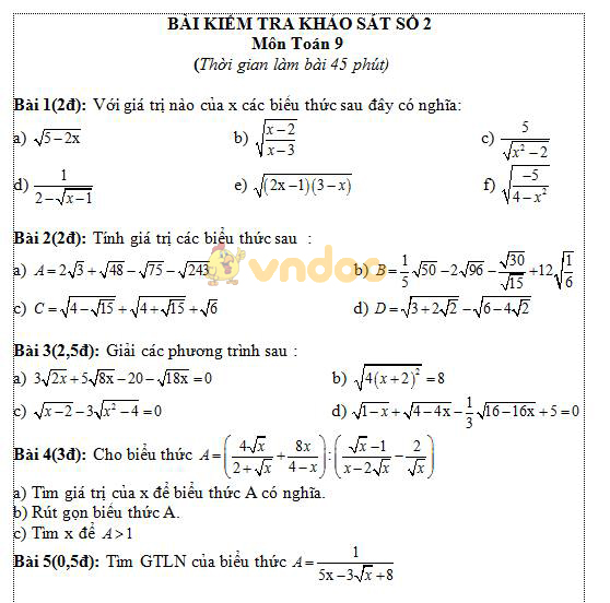Đề Kiểm tra khảo sát số 2 môn Toán lớp 9