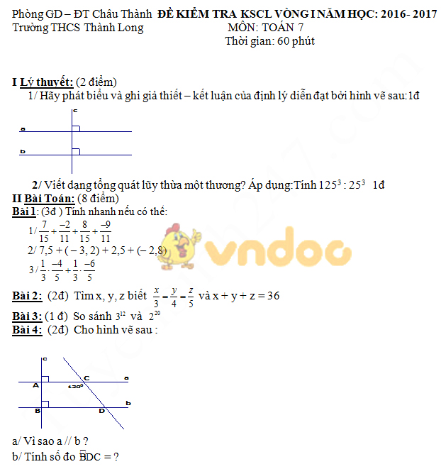 Đề kiểm tra giữa học kì 1 môn Toán lớp 7 trường THCS Thành Long 