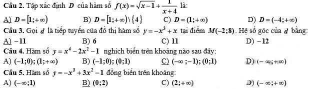 Đề thi giữa học kì 1 môn Toán lớp 12