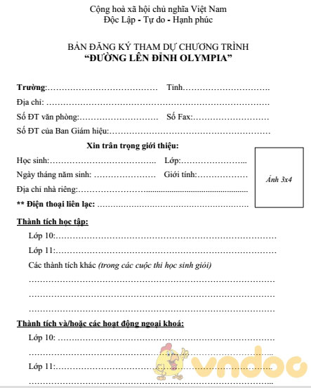 Bản đăng ký tham dự đường lên đỉnh Olympia