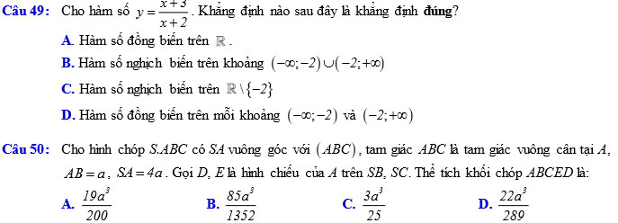 Đề kiểm tra chất lượng giữa học kỳ 1 môn Toán 12