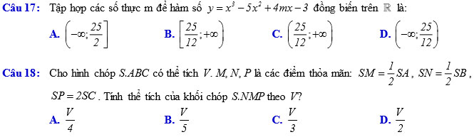 Đề kiểm tra chất lượng giữa học kỳ 1 môn Toán 12