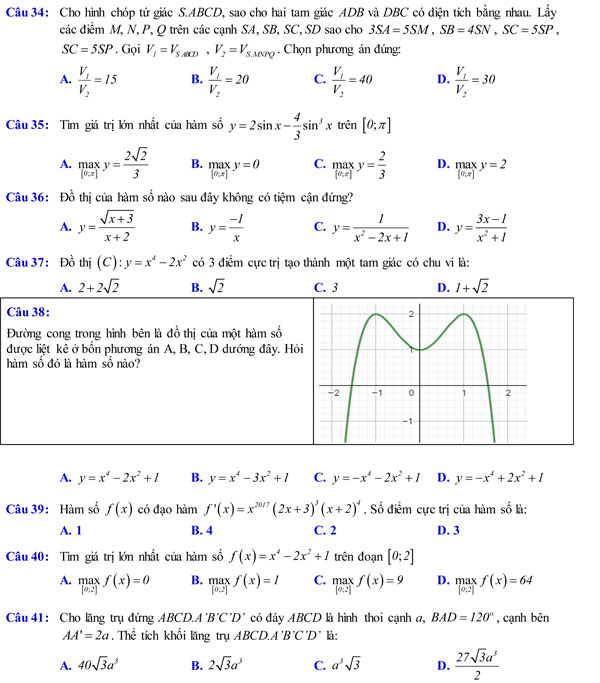 Đề kiểm tra chất lượng giữa học kỳ 1 môn Toán 12