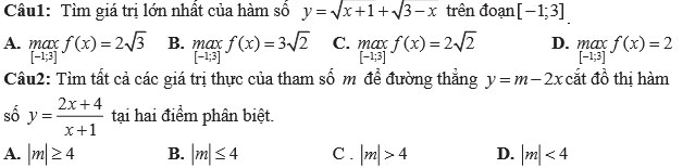 Đề kiểm tra giữa học kỳ 1 môn Toán 12