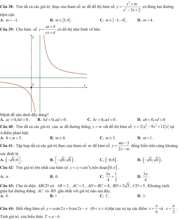 Đề kiểm tra giữa học kỳ 1 môn Toán 12