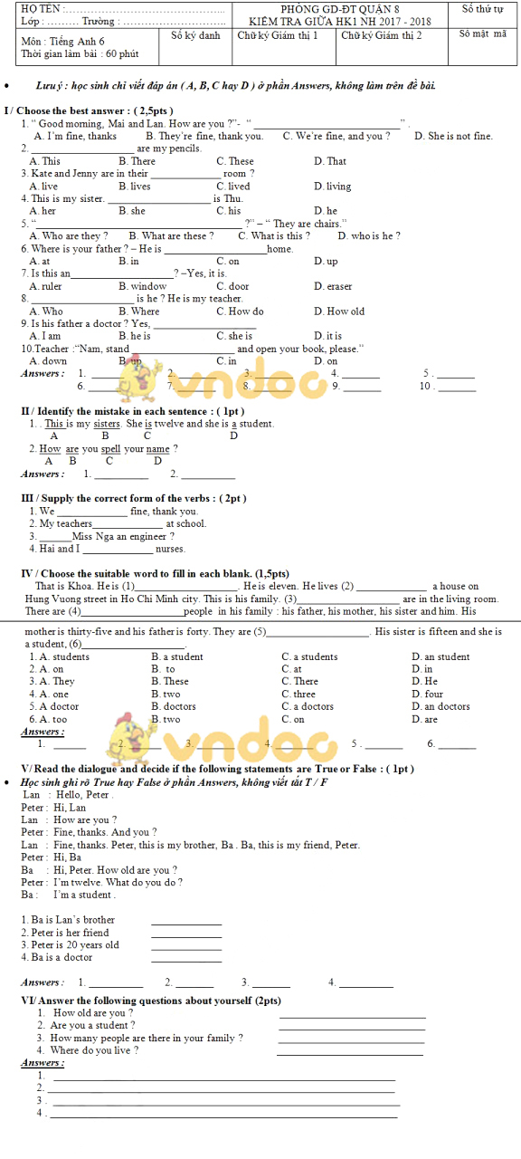 Đề thi giữa học kì 1 môn tiếng Anh lớp 6 