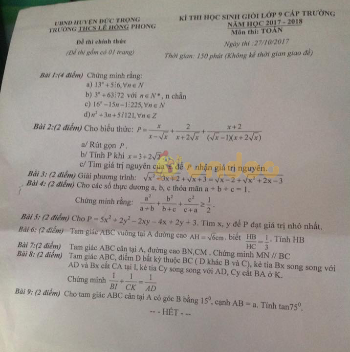 Đề thi học sinh giỏi môn Toán lớp 9 trường THCS Lê Hồng Phong