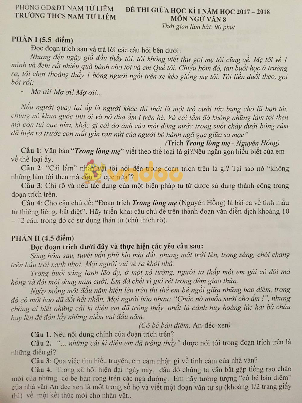 Đề thi giữa học kì 1 môn Ngữ văn lớp 8