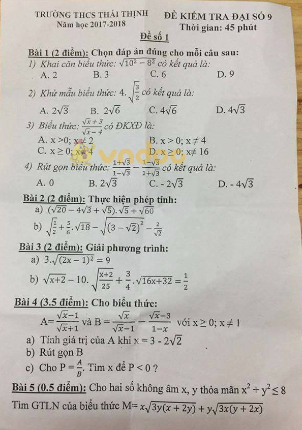 Đề kiểm tra 45 phút môn Đại số lớp 9 trường THCS Thái Thịnh