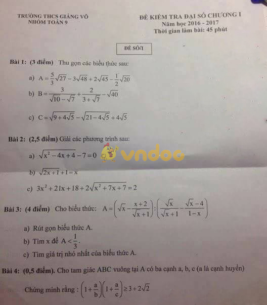 Đề kiểm tra Đại số chương I lớp 9 trường THCS Giảng Võ