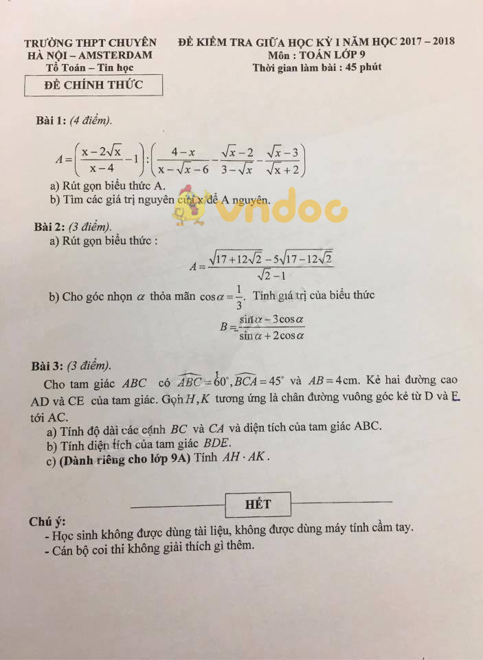 Đề kiểm tra giữa học kì 1 lớp 9 môn Toán