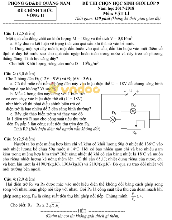 Đề thi chọn học sinh giỏi vòng 2 môn Vật lí lớp 9