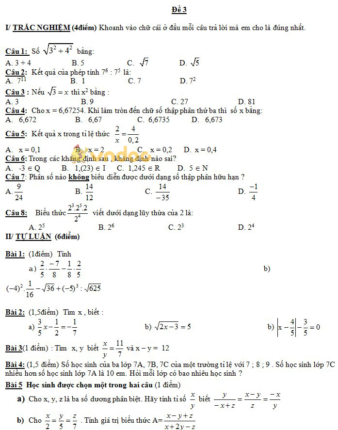 Đề kiểm tra giữa học kỳ 1 môn Toán lớp 7