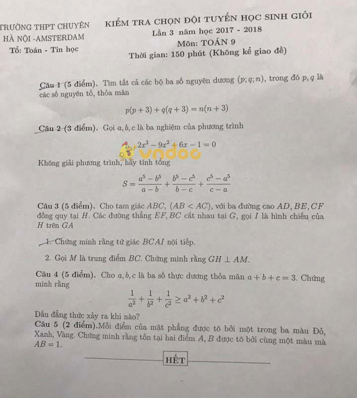 Đề kiểm tra chọn đội tuyển học sinh giỏi môn Toán lớp 9