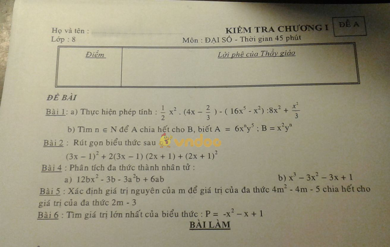 Đề kiểm tra Chương 1 môn Đại Số lớp 8 - Đề A