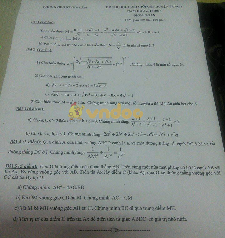 3 Đề thi học sinh giỏi cấp huyện lớp 9 môn Toán năm 2017 - 2018